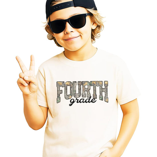 Fourth Grade camo tee styled for back to school, woodland camouflage kids shirt by Olive Loves Apple