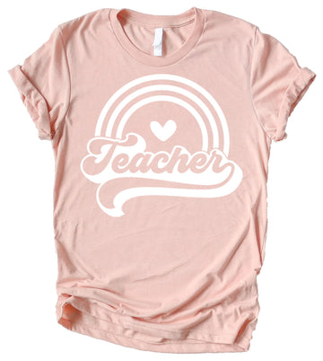 Retro Rainbow Teacher Shirts for Back to School for Women Peach Shirt Adult Medium