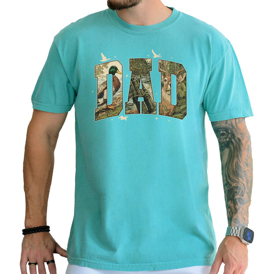 Front view of men's DAD retro camo hunting graphic t-shirt in pepper colorway