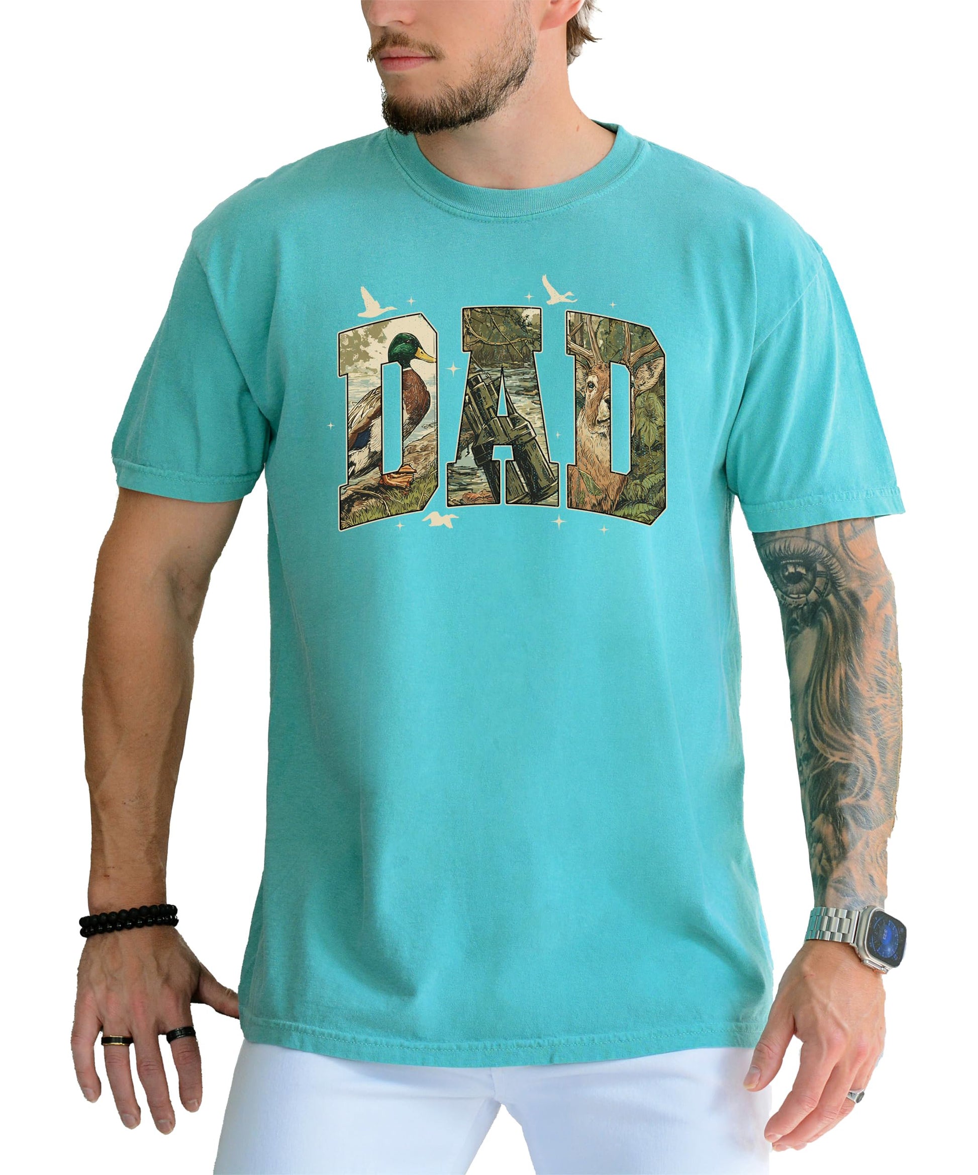 Front view of men's DAD retro camo hunting graphic t-shirt in pepper colorway