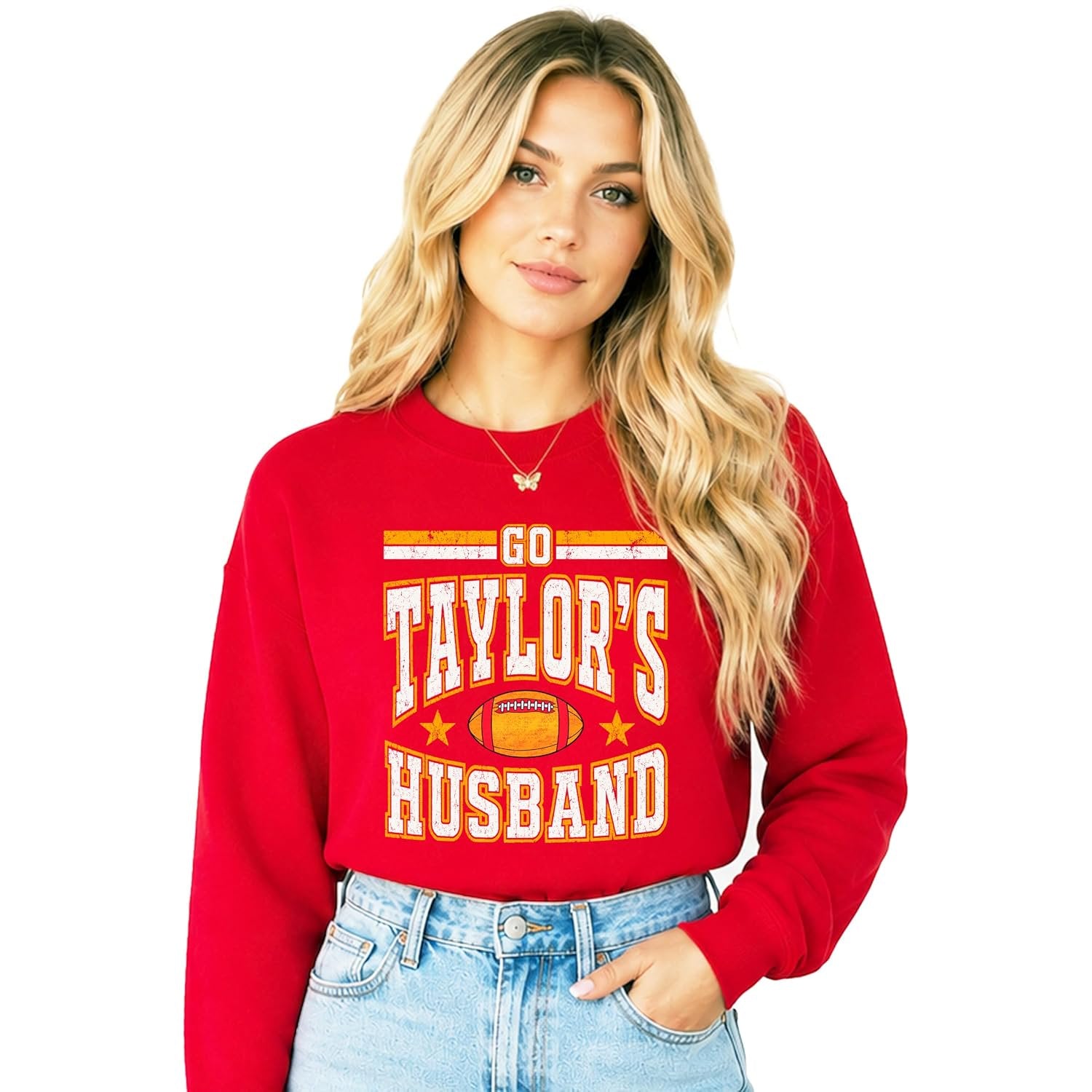 Close-up of varsity-style Go Taylor's Husband graphic print with retro football, stars, and gold lettering