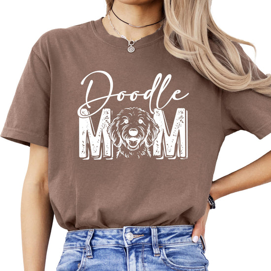 Close-up of Goldendoodle dog owner graphic print on soft cotton women's t-shirt