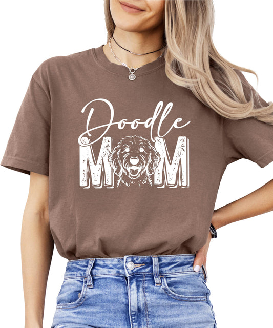 Close-up of Goldendoodle dog owner graphic print on soft cotton women's t-shirt