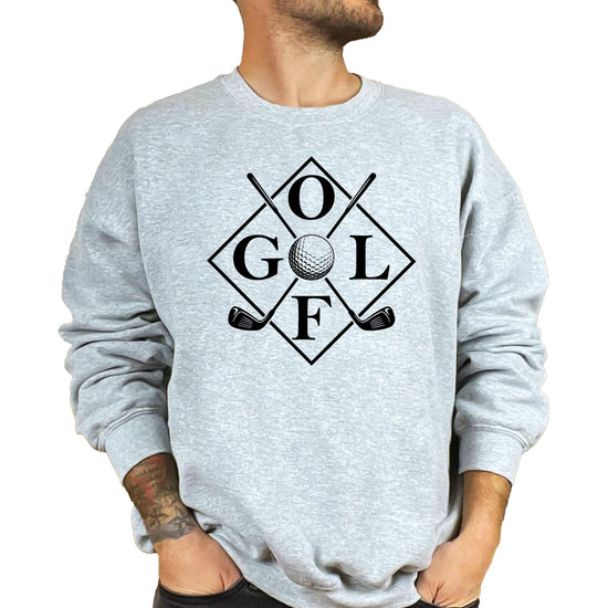 Close-up view of golf club graphic design on white crewneck sweatshirt