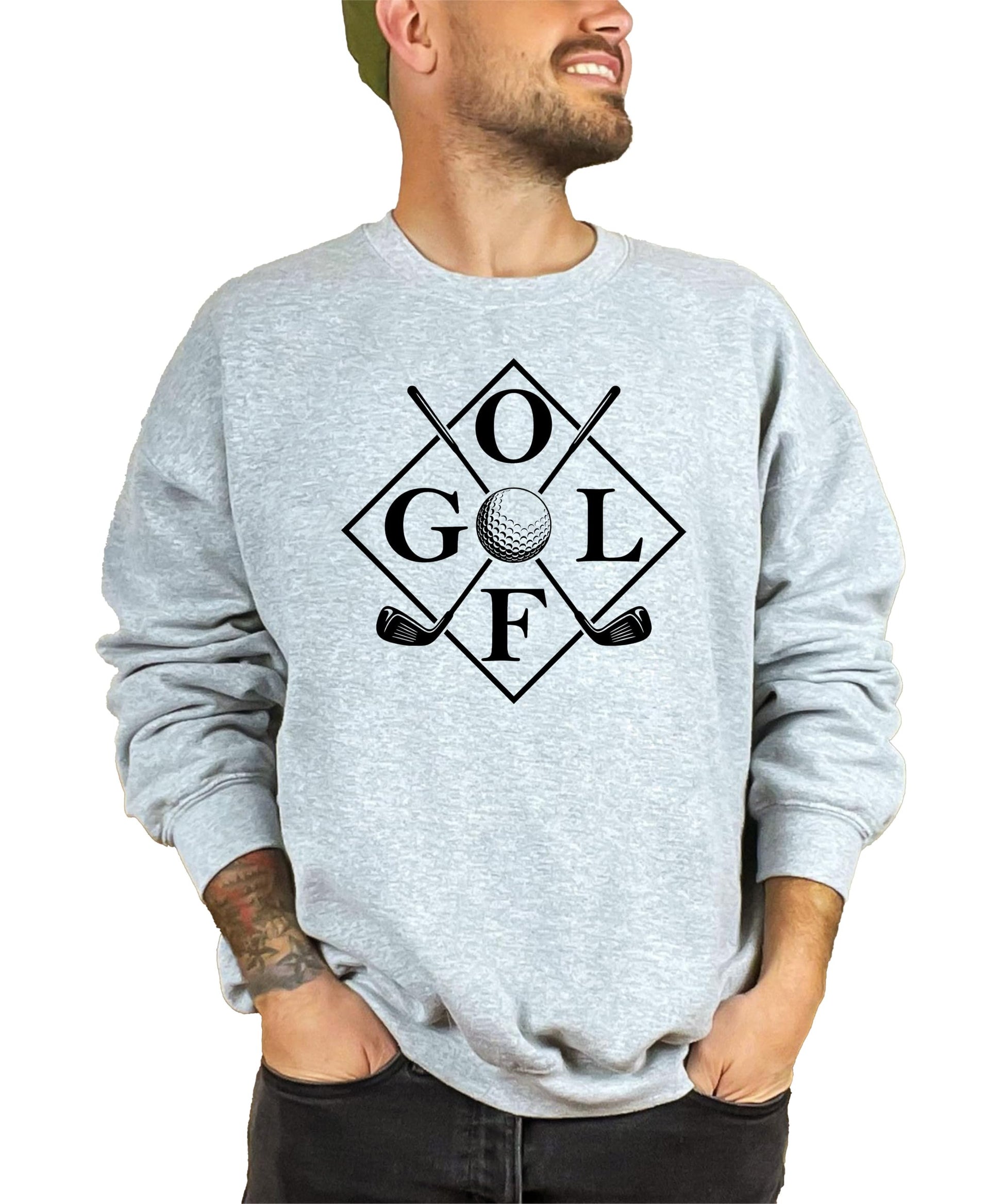 Close-up view of golf club graphic design on white crewneck sweatshirt