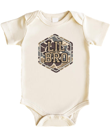 Olive Loves Apple Camo Lil Bro Baby Bodysuit Little Brother Infant Outfit Camouflage Sibling Announcement