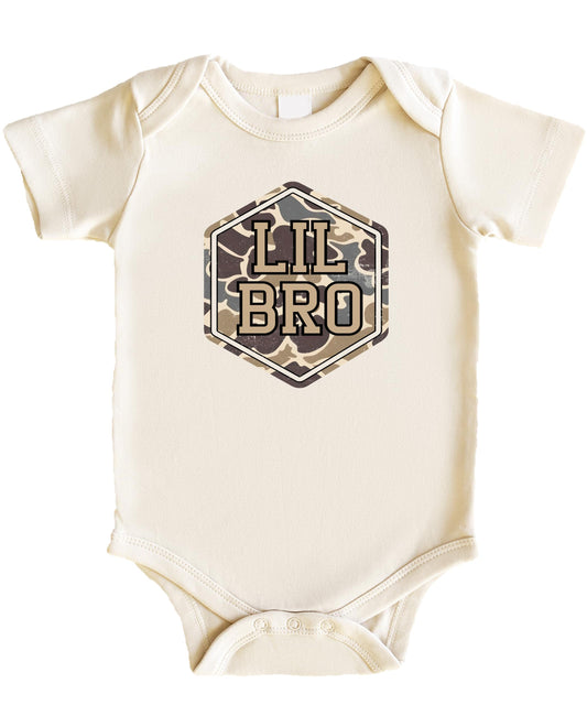 Camo Lil Bro baby bodysuit with camouflage graphic print for little brother sibling announcement