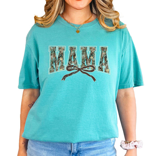 Seafoam women's t-shirt with camo varsity letter Mama graphic and coquette bow design, front view