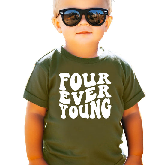 Close-up of retro-style Four Ever Young print on kids' birthday shirt