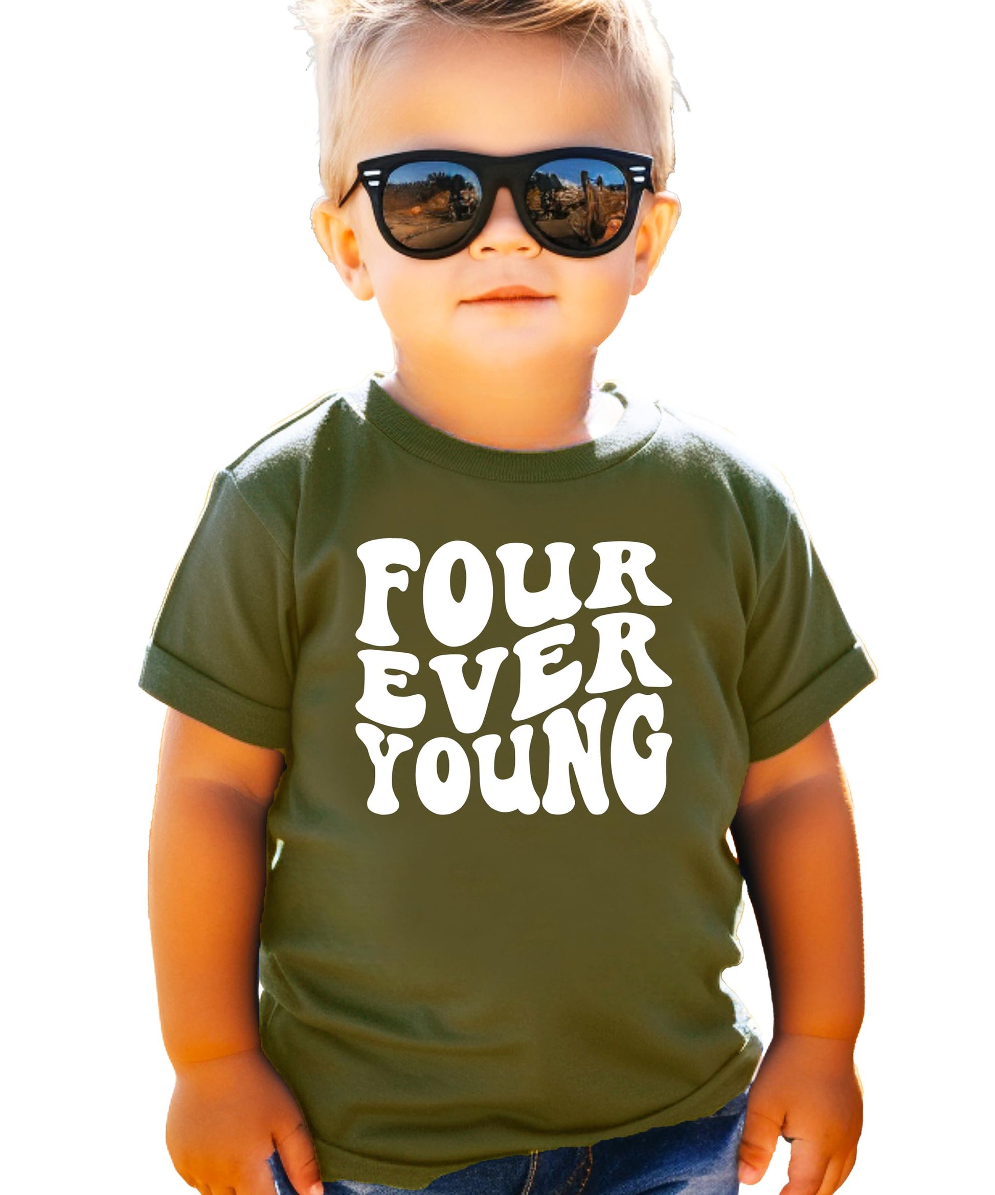 Close-up of retro-style Four Ever Young print on kids' birthday shirt