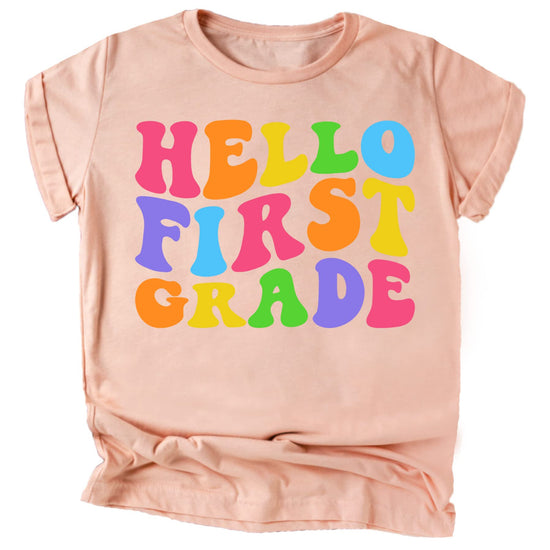 Hello 1st Grade purple tee styled for first day of school photo