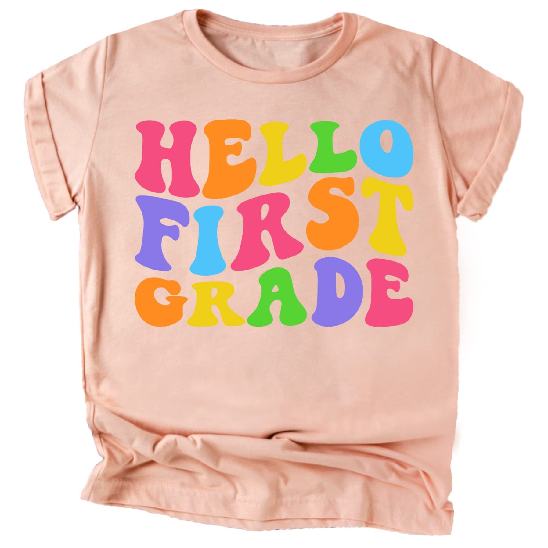 Hello 1st Grade purple tee styled for first day of school photo