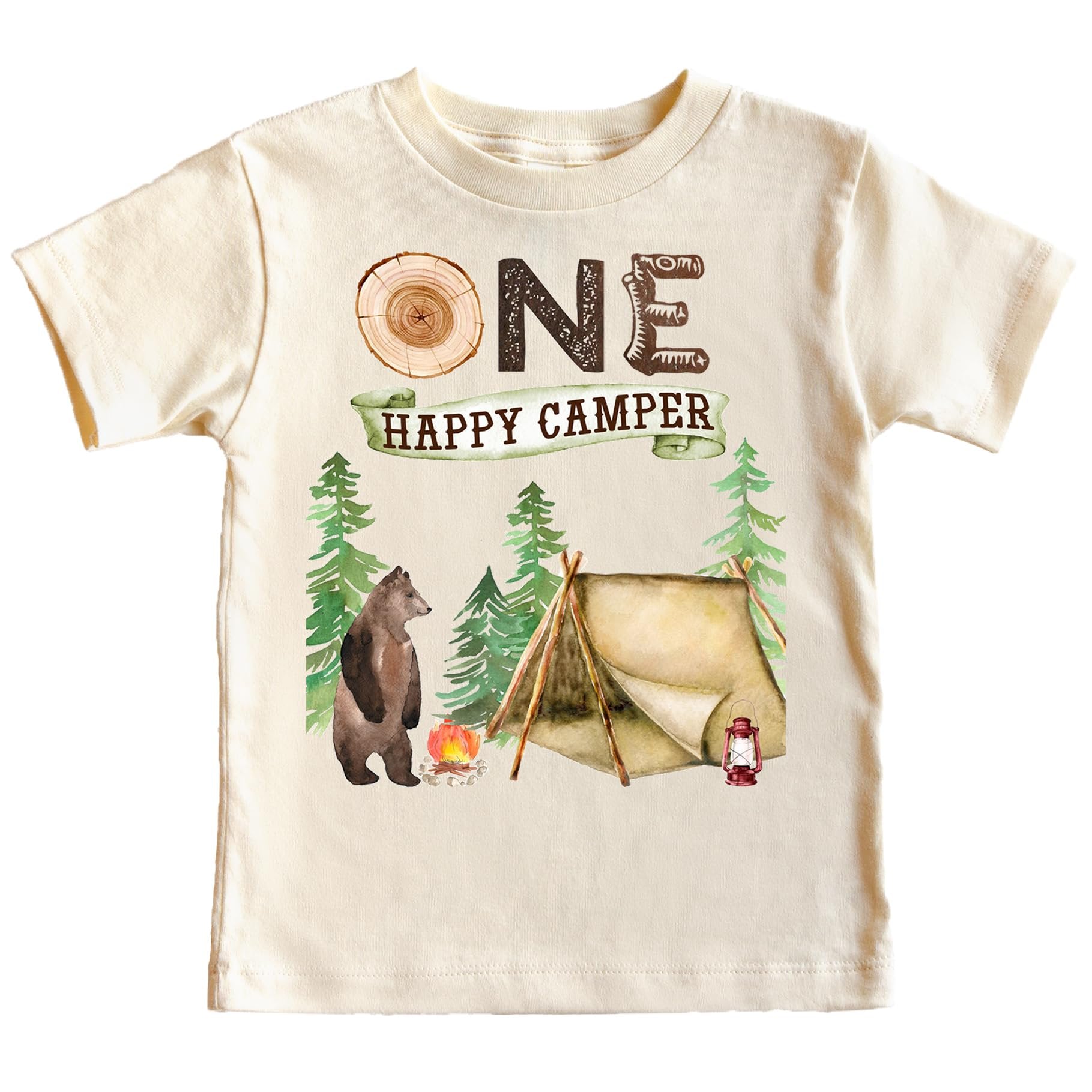 Toddler wearing gray One Fun Camper 1st birthday camping themed t-shirt