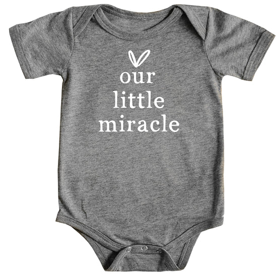Our Little Miracle baby bodysuit in military green displayed on a soft background