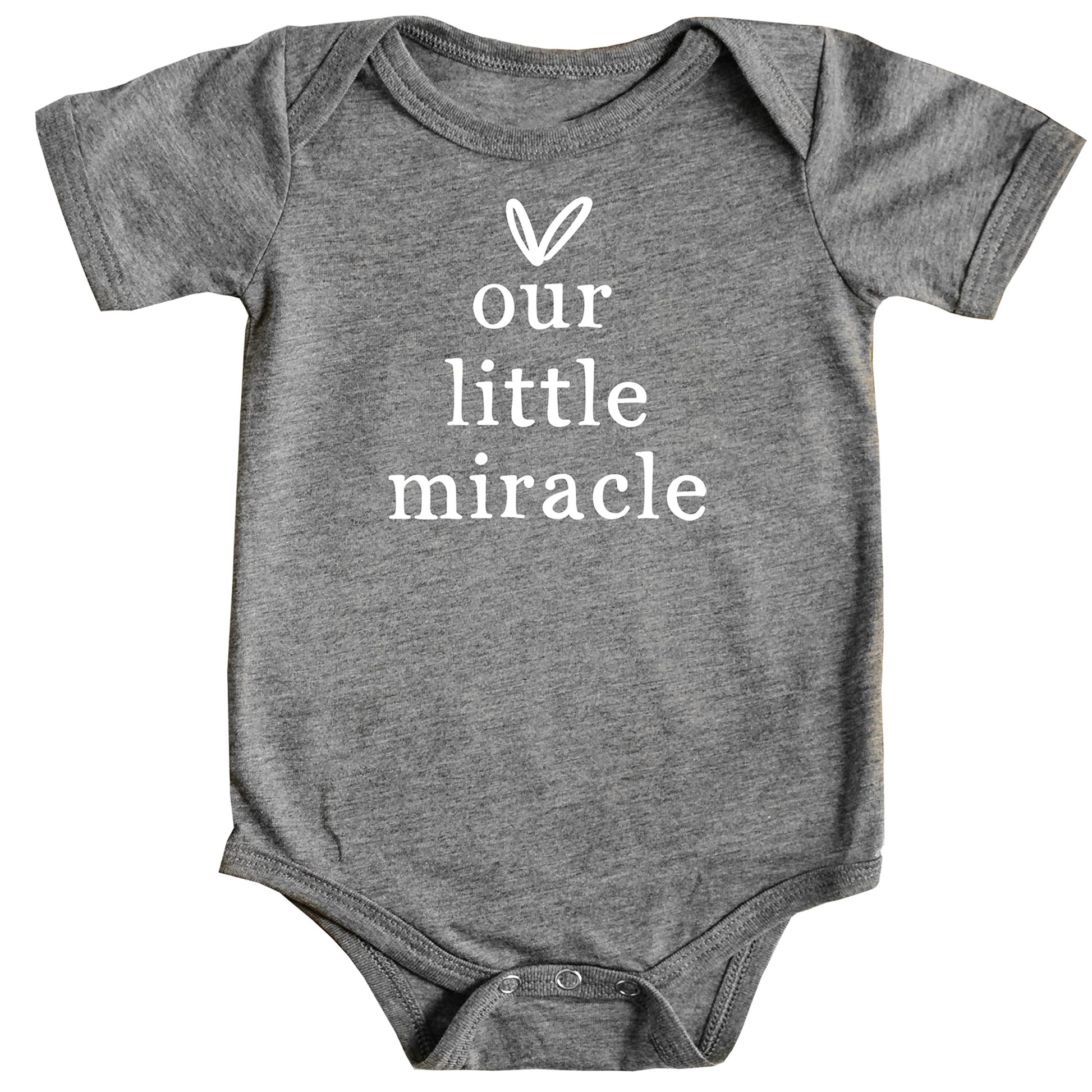 Our Little Miracle baby bodysuit in military green displayed on a soft background