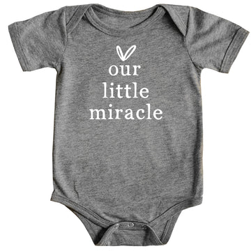 Our Little Miracle baby bodysuit in military green displayed on a soft background