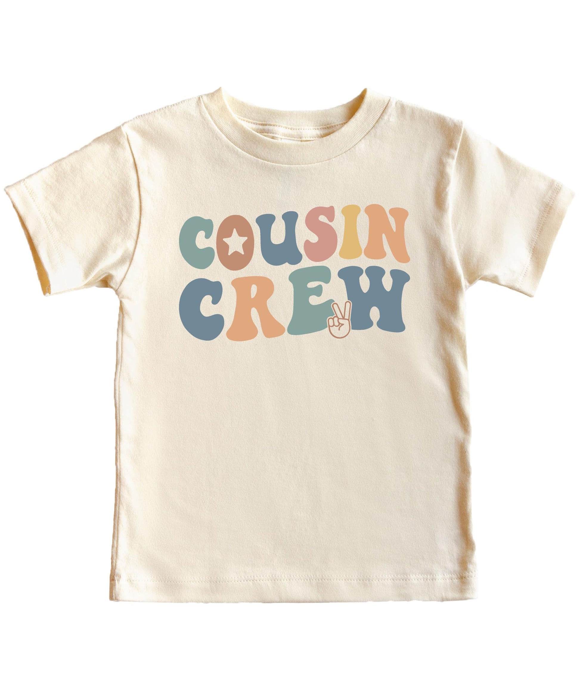 Flat lay of natural Cousin Crew youth tee showing full design and fit