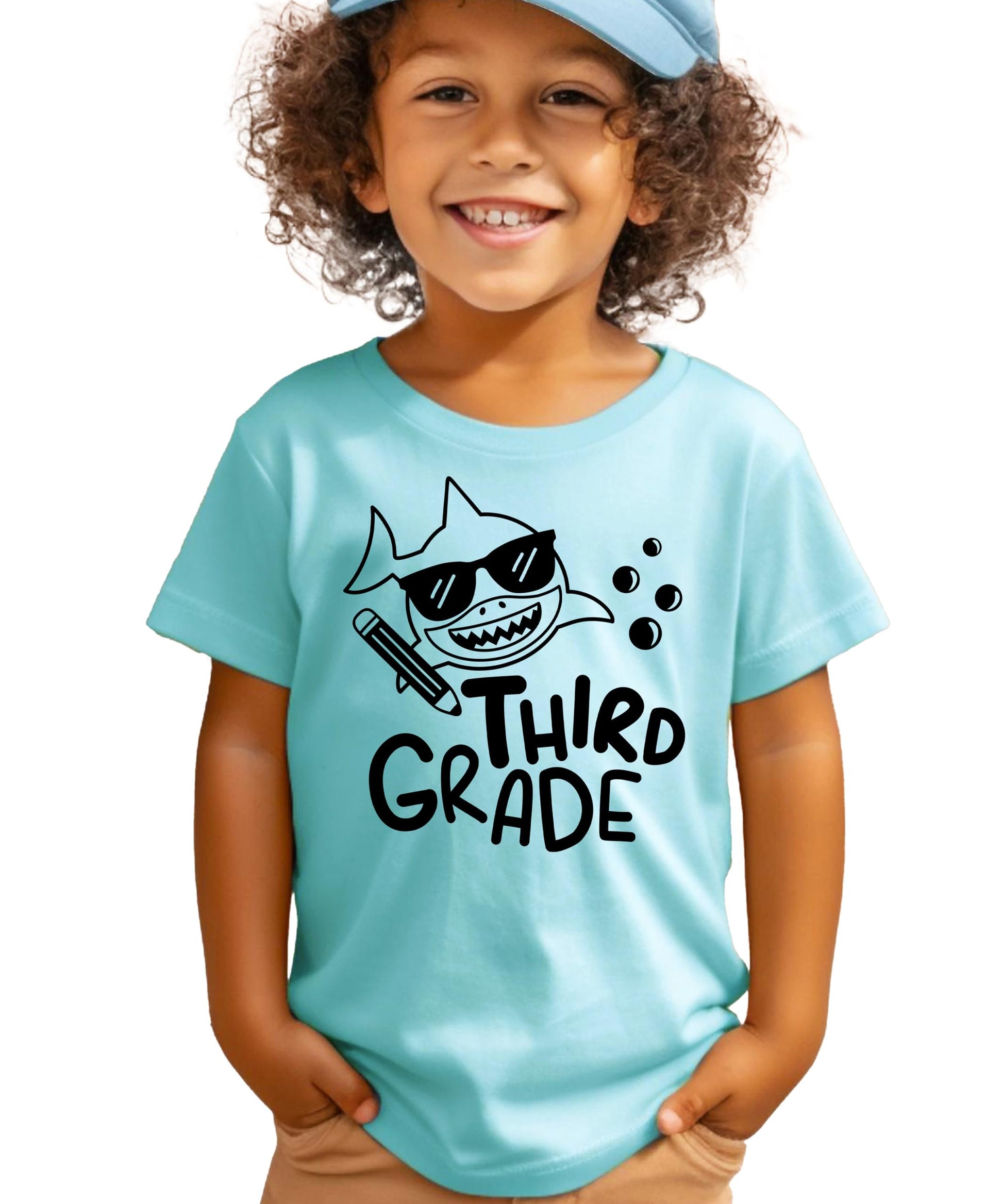 Back to school shark graphic tee for boys displayed on white background