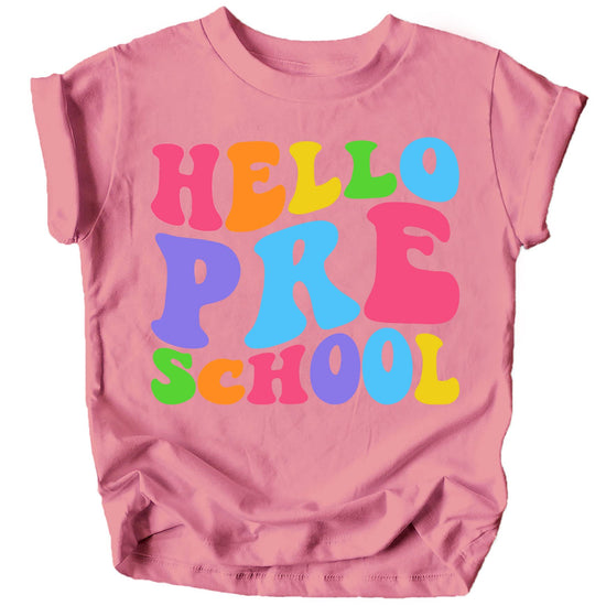 Hello Preschool 1st day of school purple shirt laid flat