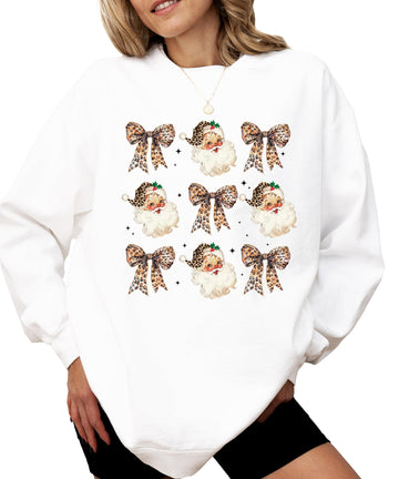 Santa with Leopard Print Hats and Coquette Bows Sweatshirts Christmas Pullover Black Sweatshirt Adult X-Large
