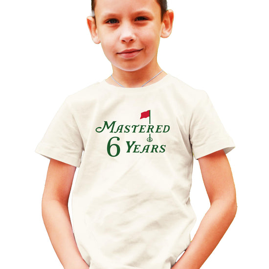 Kids natural tee with Mastered 6 Years golf themed sixth birthday graphic design