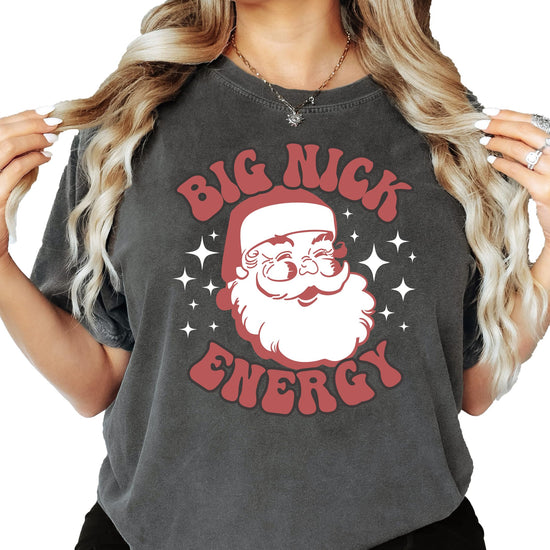 Women's Big Nick Energy funny Christmas Santa graphic tee in pepper color, front view