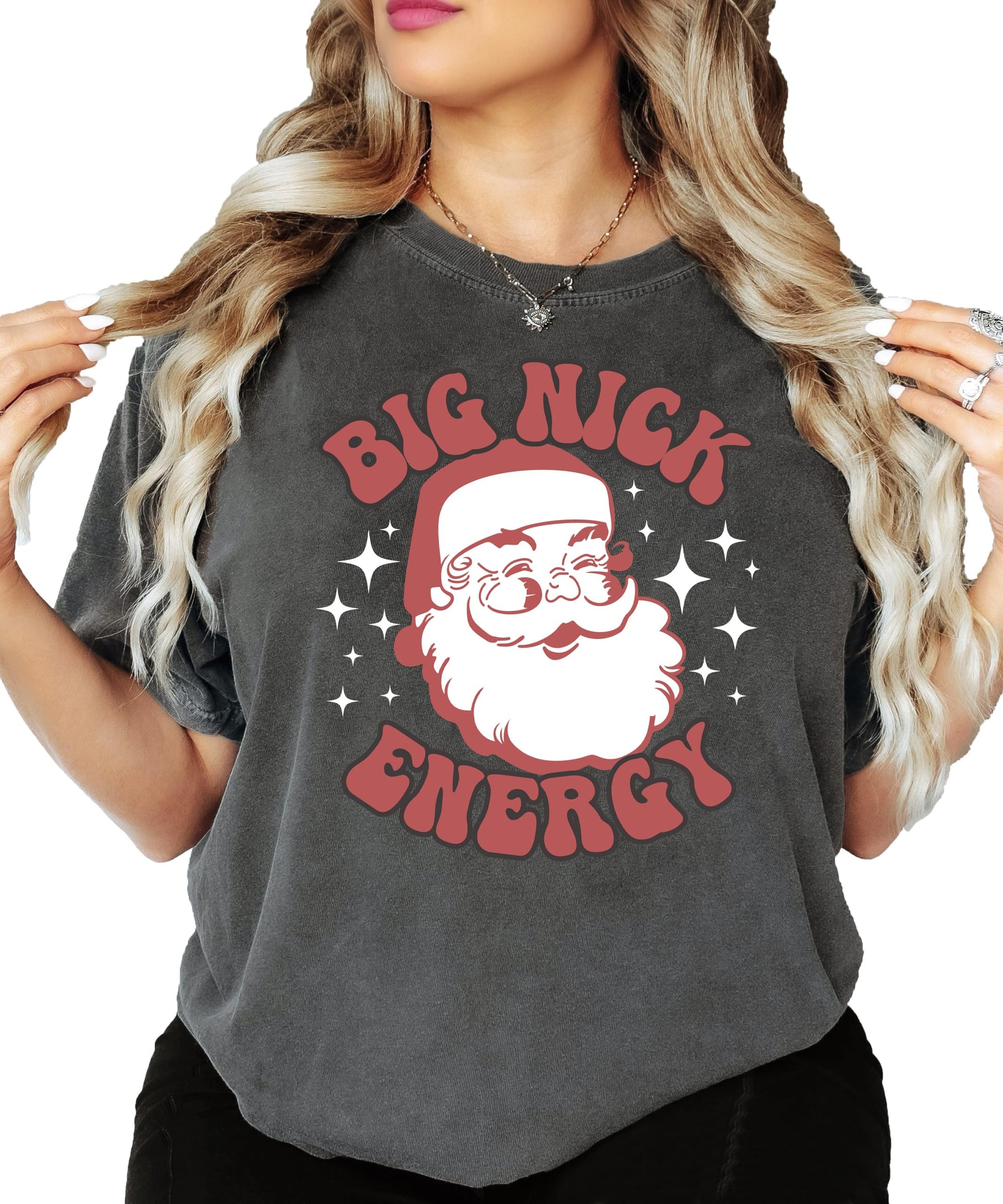 Women's Big Nick Energy funny Christmas Santa graphic tee in pepper color, front view