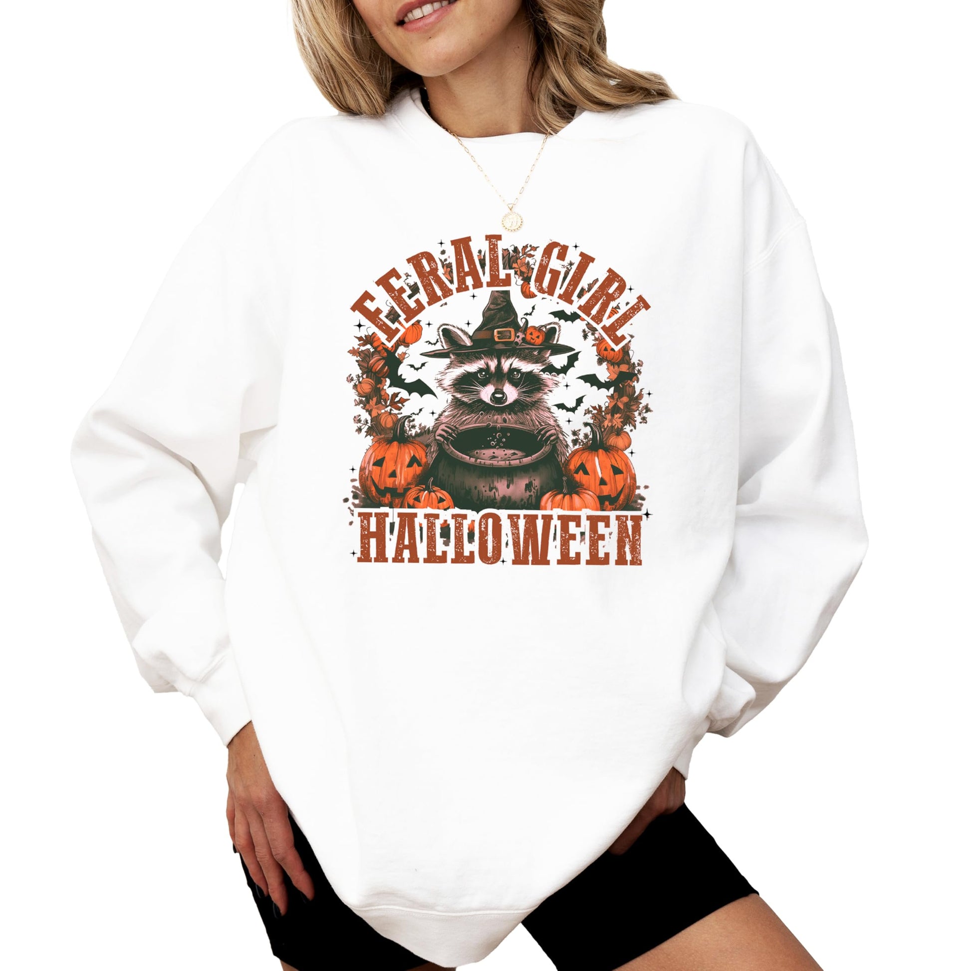 Close-up of feral girl raccoon graphic print on a gray women's pullover sweatshirt