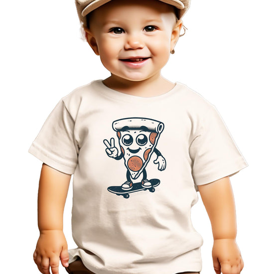 Boys natural tee featuring a cartoon pizza slice holding up two fingers for a 2nd birthday skateboarding graphic