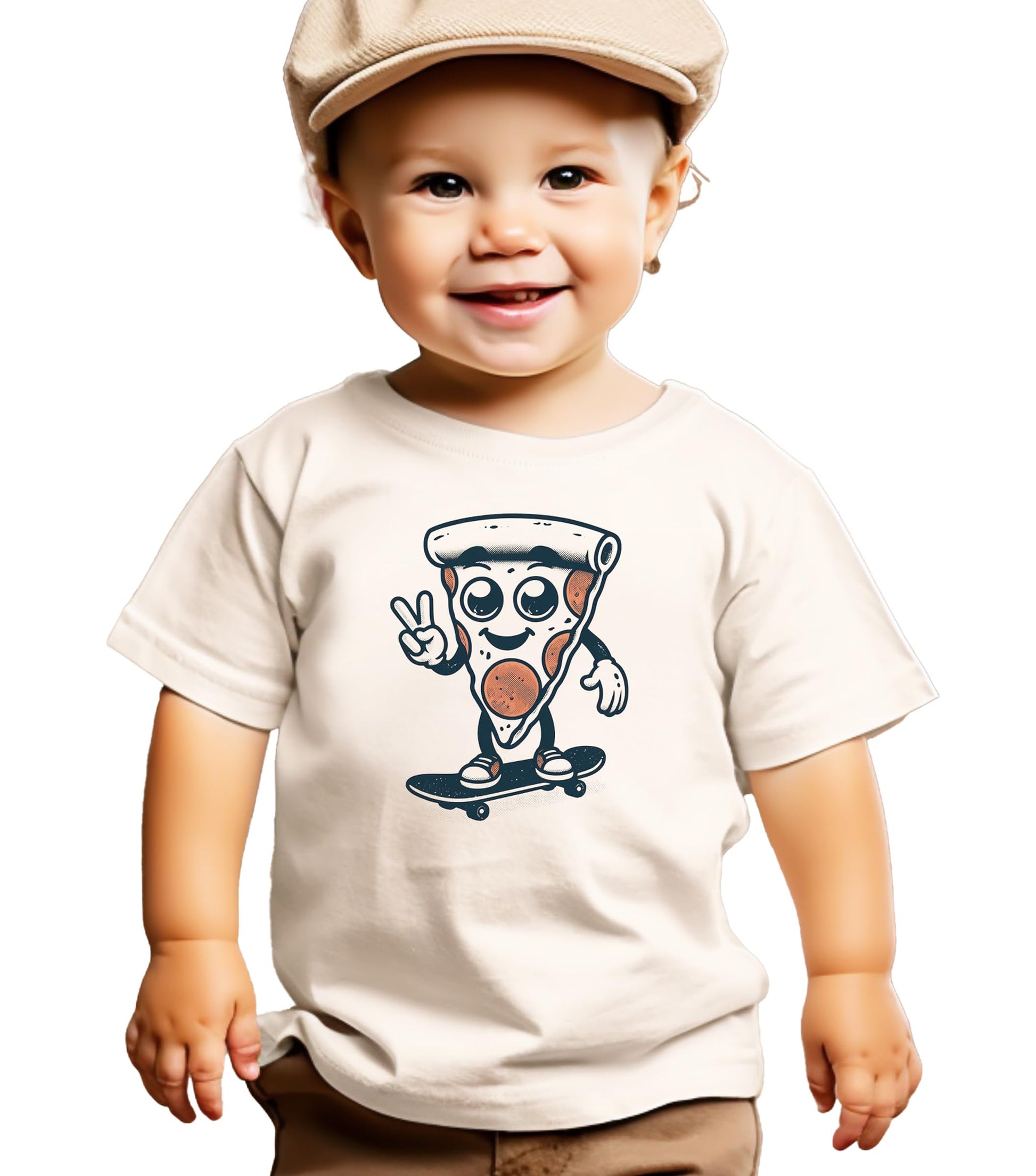 Boys natural tee featuring a cartoon pizza slice holding up two fingers for a 2nd birthday skateboarding graphic