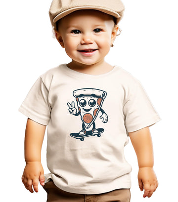 Boys natural tee featuring a cartoon pizza slice holding up two fingers for a 2nd birthday skateboarding graphic