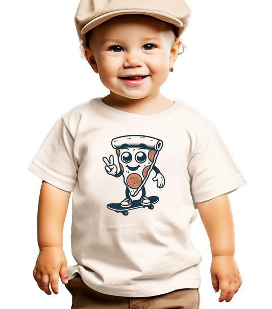 Boys natural tee featuring a cartoon pizza slice holding up two fingers for a 2nd birthday skateboarding graphic