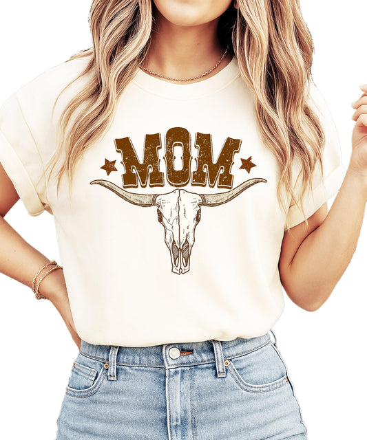Mom Western Bull Skull Shirt for Women Trendy Vintage Rustic Country Girl T-Shirt