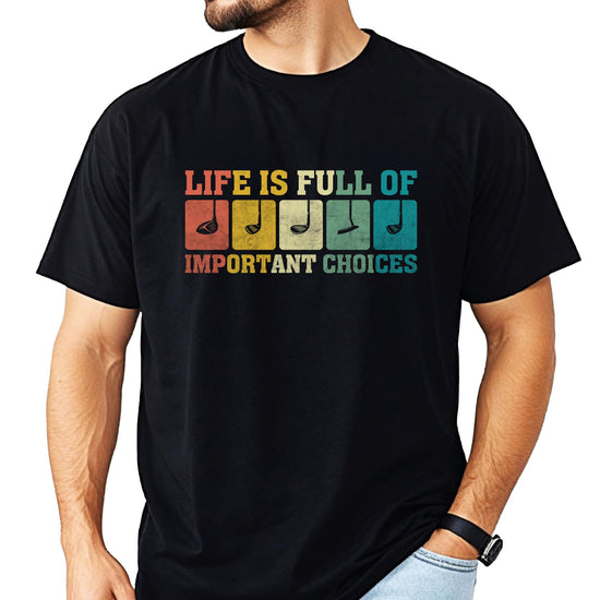 Men's dark gray heather t-shirt with vintage golf club graphic and 'Life is Full of Important Choices' sarcastic golf quote
