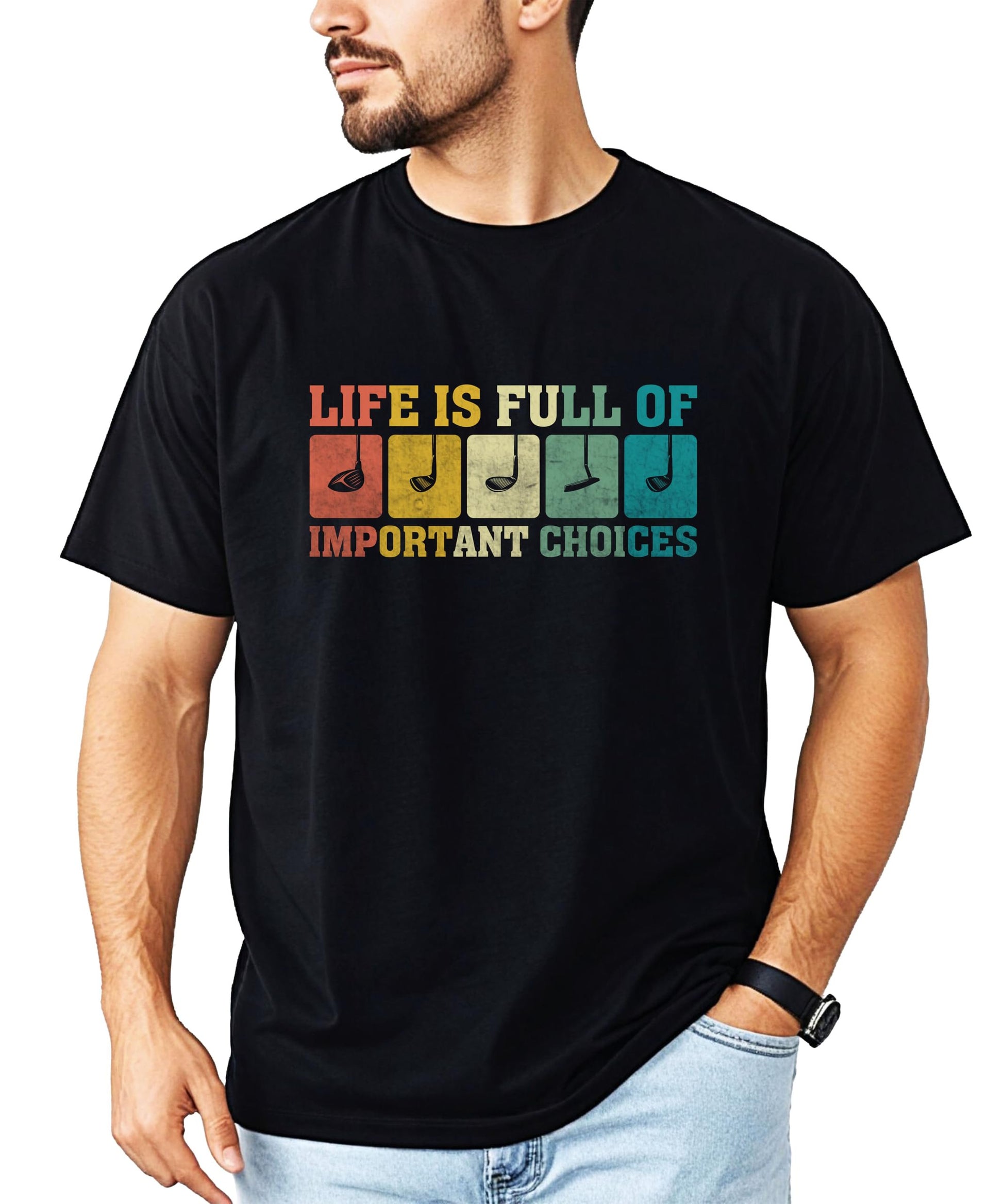 Men's dark gray heather t-shirt with vintage golf club graphic and 'Life is Full of Important Choices' sarcastic golf quote