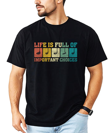 Men's dark gray heather t-shirt with vintage golf club graphic and 'Life is Full of Important Choices' sarcastic golf quote