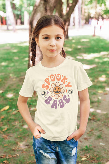 Youth girls Spooky Babe Halloween graphic tee laid flat showing daisy pumpkin design