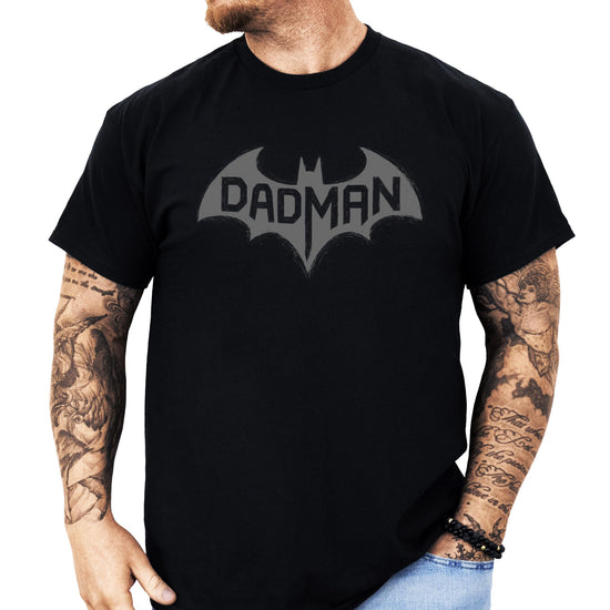 Front view of DadMan funny dad t-shirt with bold gray bat logo on dark gray heather fabric