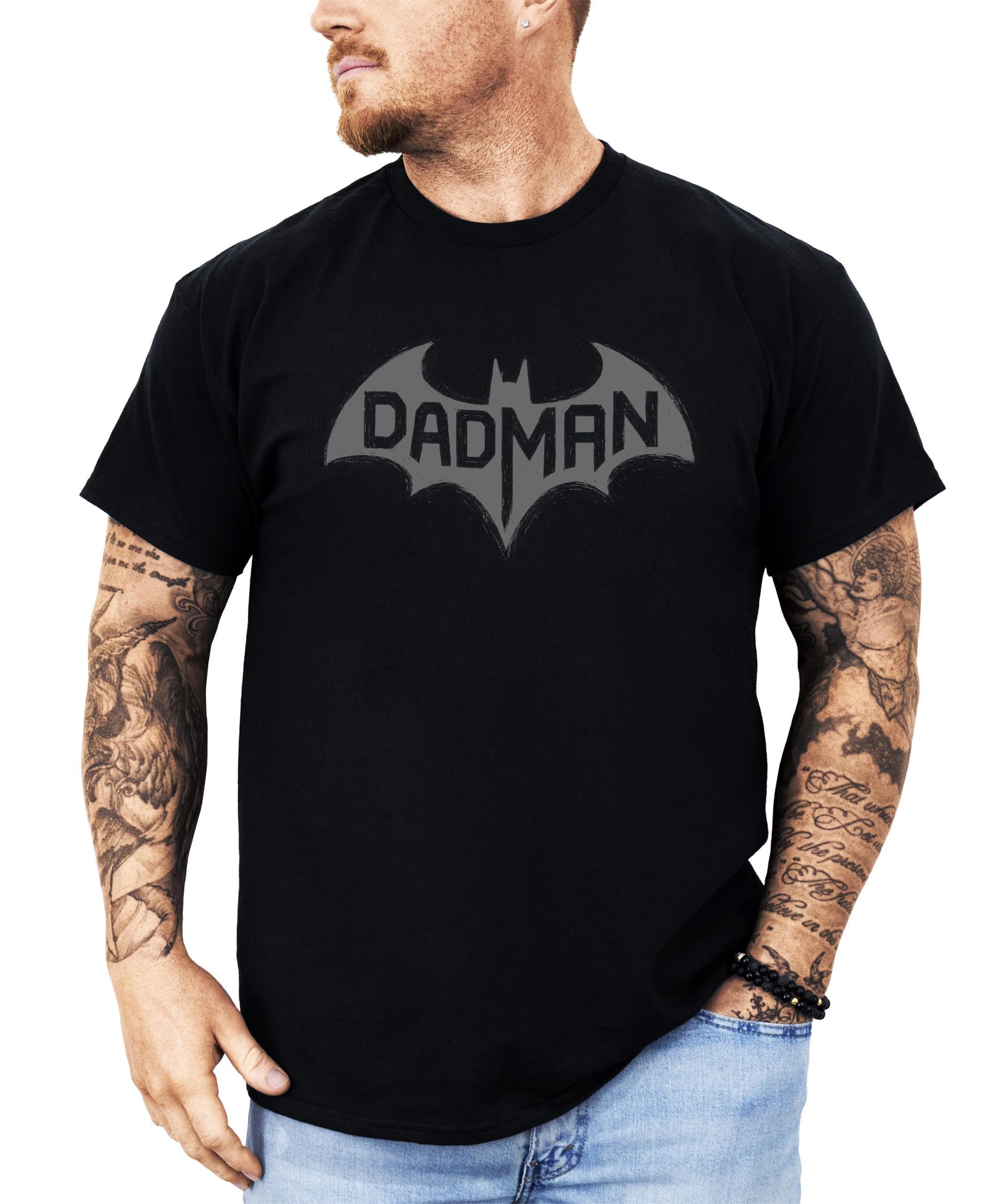 Front view of DadMan funny dad t-shirt with bold gray bat logo on dark gray heather fabric
