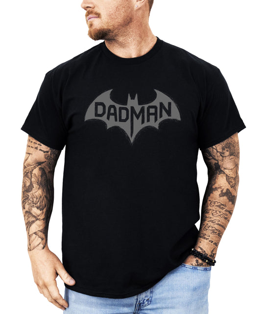 Front view of DadMan funny dad t-shirt with bold gray bat logo on dark gray heather fabric