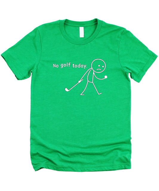 Close-up of No Golf Today sad stick figure golfer print on black graphic t-shirt