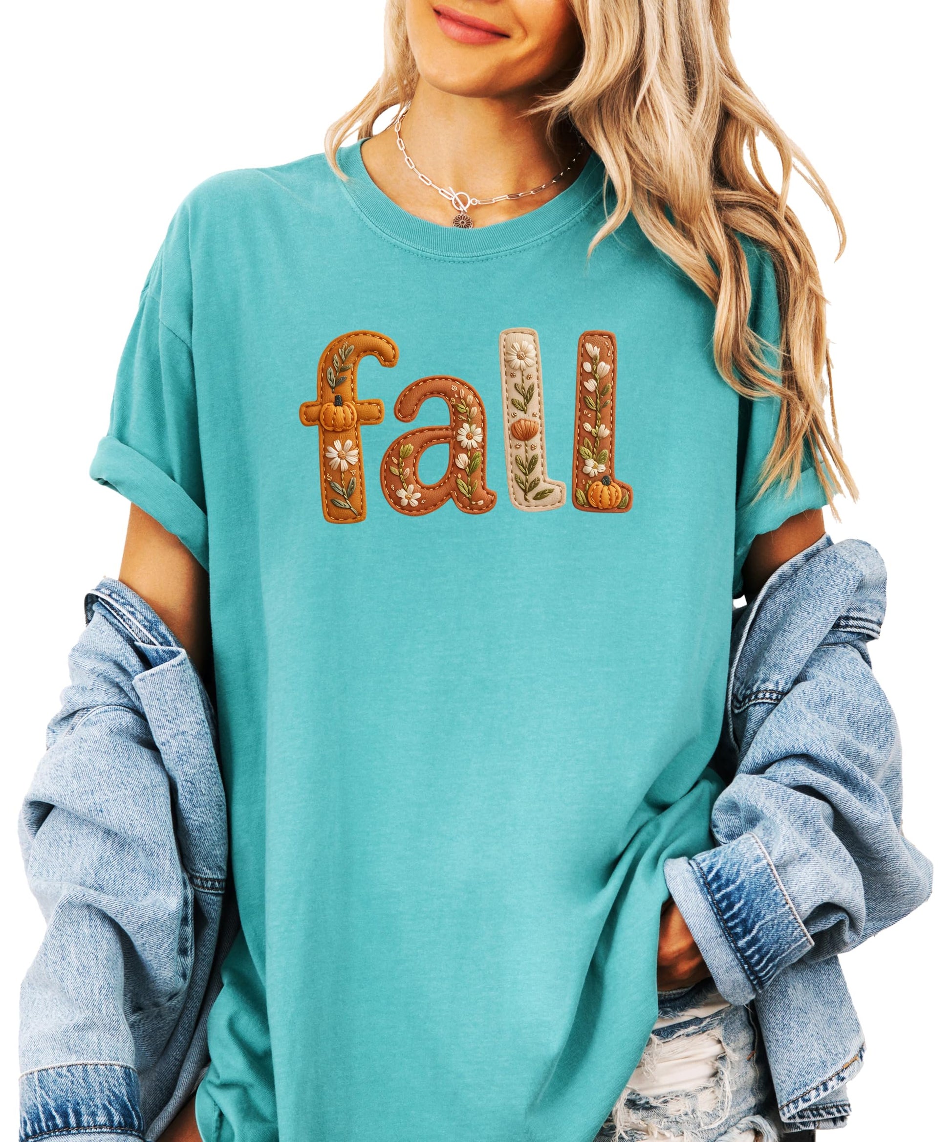 Seafoam faux embroidery fall tee with pumpkin and floral design on model