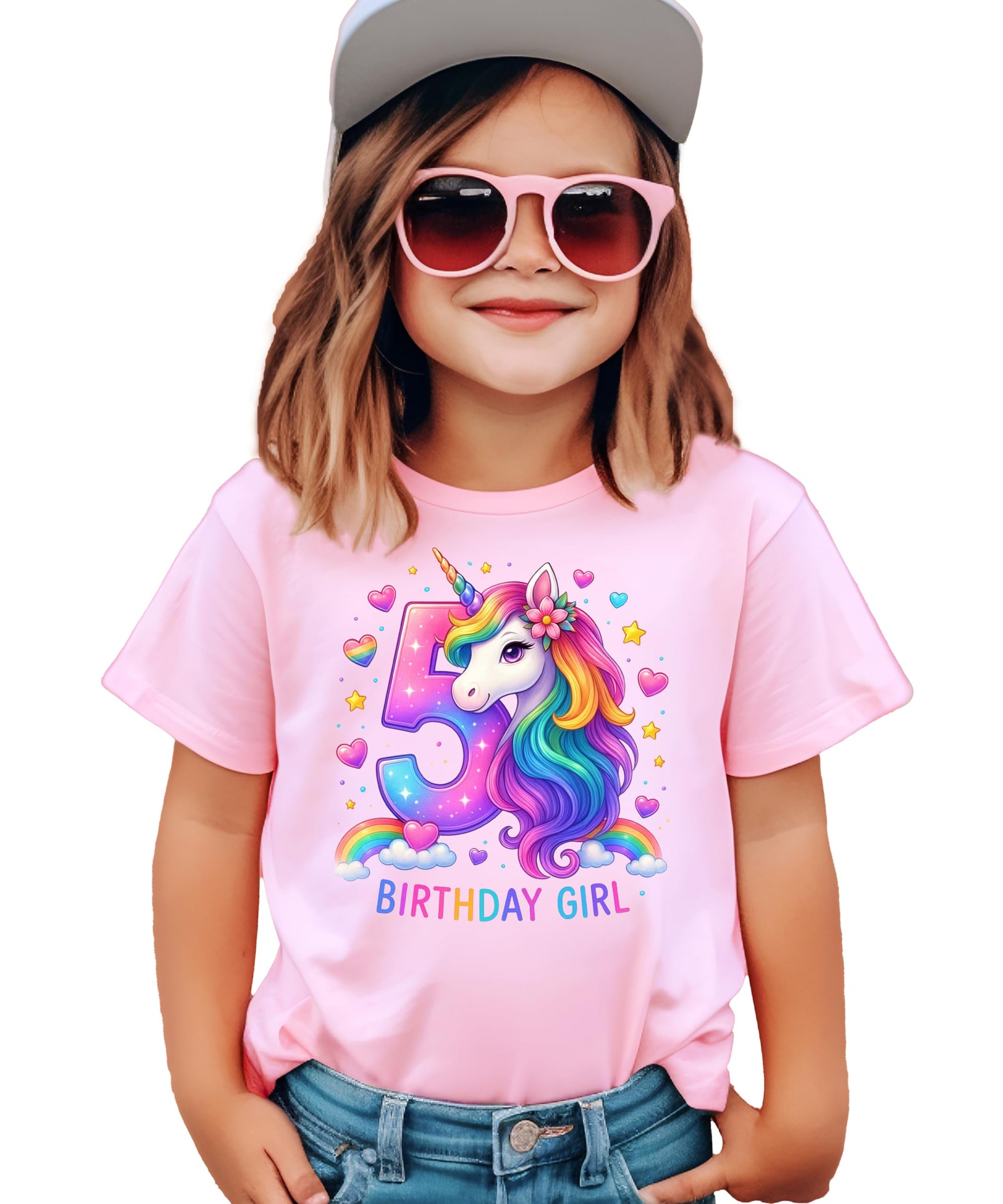 Detail shot of ink-printed sparkling number 5 and rainbow unicorn on pink kids tee