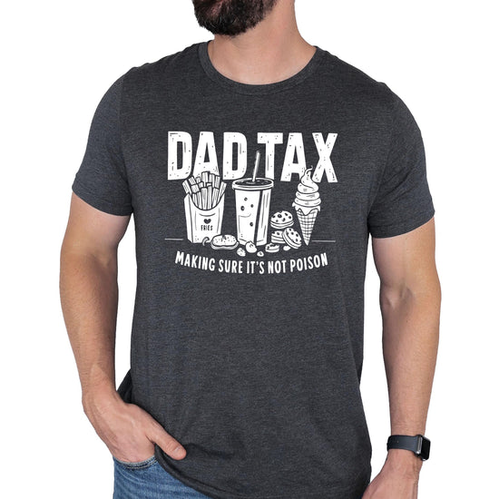 Lifestyle view of men's Dad Tax graphic tee, perfect funny gift for dads who steal snacks