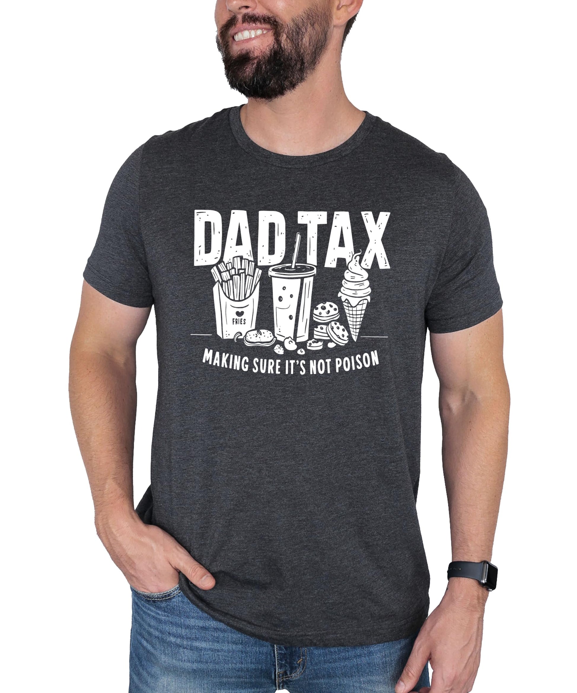 Lifestyle view of men's Dad Tax graphic tee, perfect funny gift for dads who steal snacks