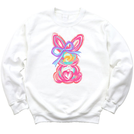 Girls white pullover sweatshirt with colorful painted Easter bunny coquette design by Olive Loves Apple