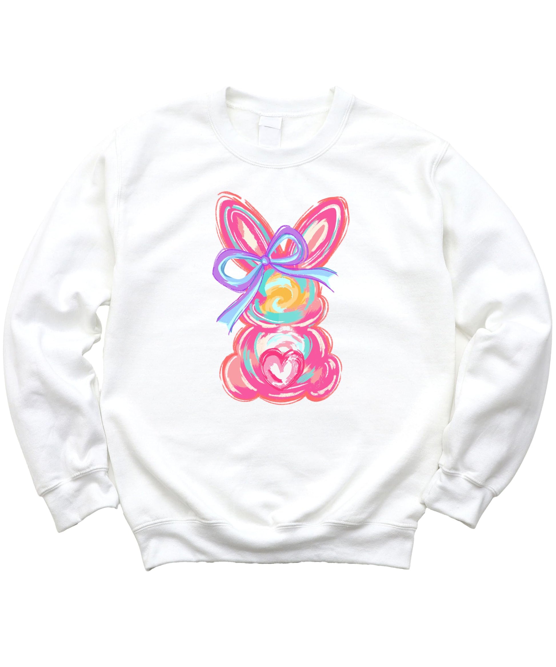 Girls white pullover sweatshirt with colorful painted Easter bunny coquette design by Olive Loves Apple