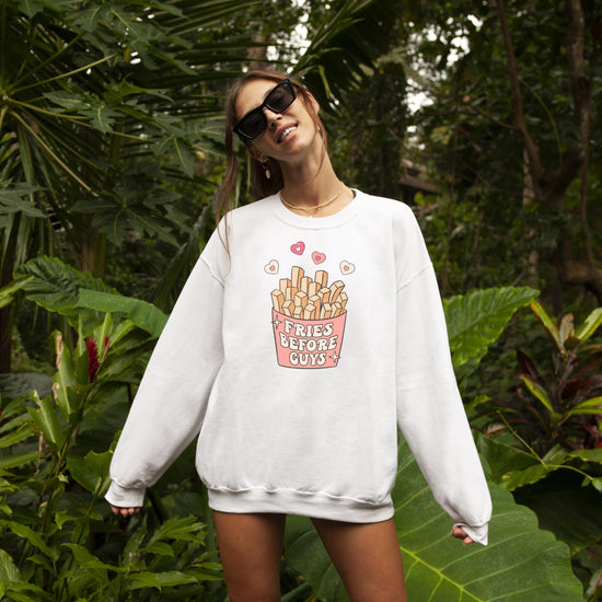 Styled shot of Fries Before Guys gray sweatshirt shown as a Valentine's Day gift idea