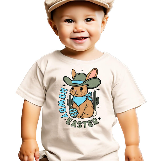 Close-up of Howdy Easter western bunny graphic print on natural youth tee shirt