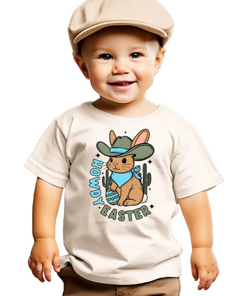 Close-up of Howdy Easter western bunny graphic print on natural youth tee shirt
